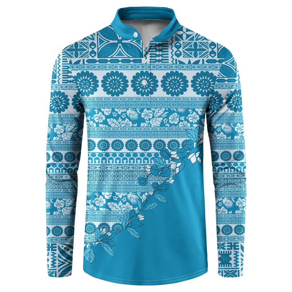 Fiji Marau na Kerisimasi Button Sweatshirt Aqua Tagimoucia Tapa Masi Tribal - Polynesian Pride