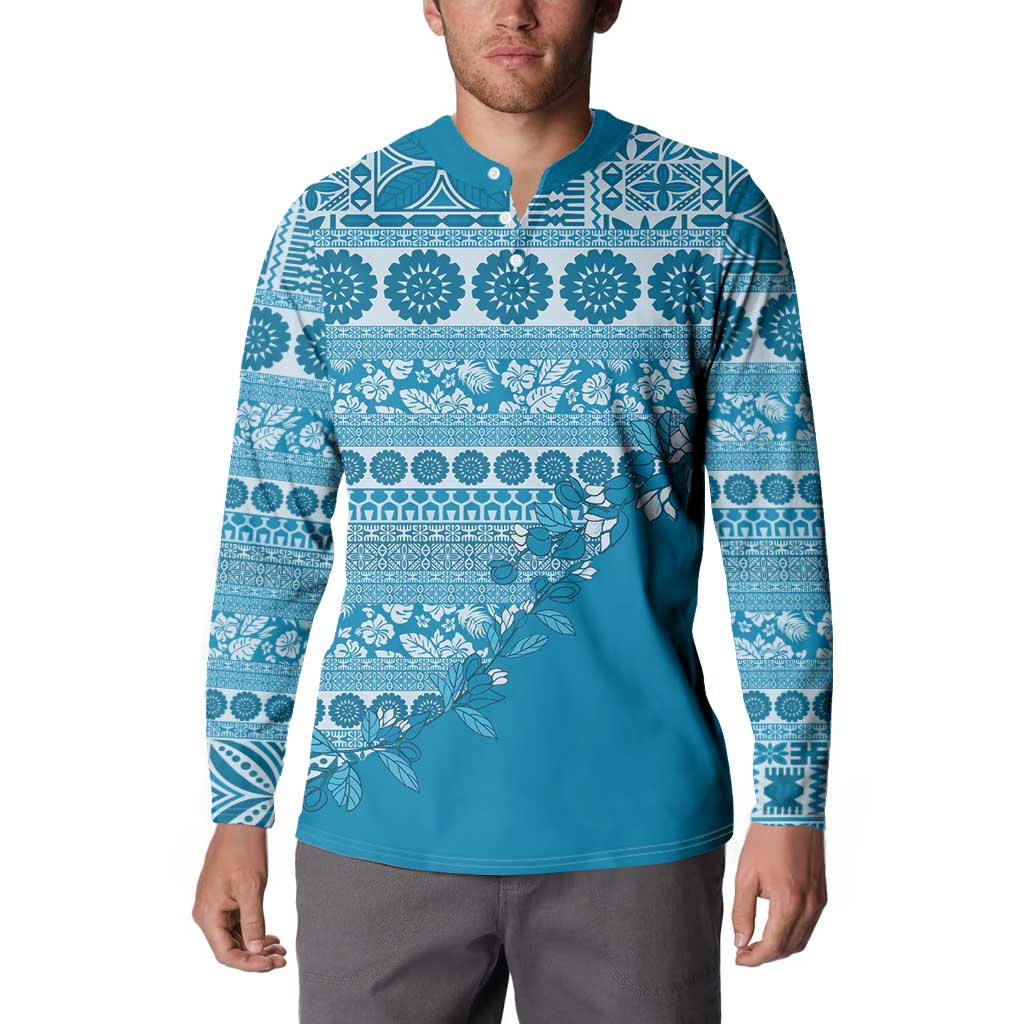 Fiji Marau na Kerisimasi Button Sweatshirt Aqua Tagimoucia Tapa Masi Tribal - Polynesian Pride