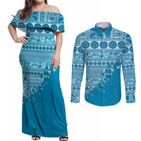 Fiji Marau na Kerisimasi Couples Matching Off Shoulder Maxi Dress and Long Sleeve Button Shirt Aqua Tagimoucia Tapa Masi Tribal - Polynesian Pride