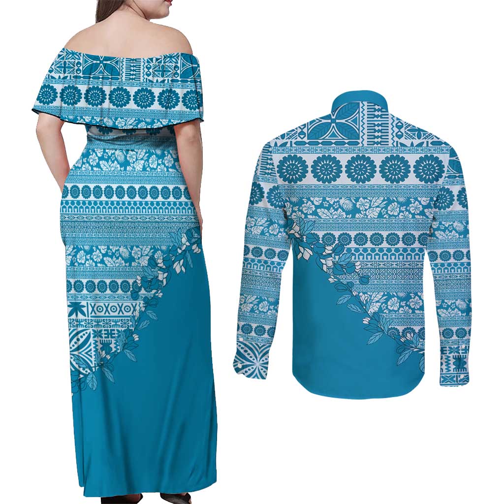 Fiji Marau na Kerisimasi Couples Matching Off Shoulder Maxi Dress and Long Sleeve Button Shirt Aqua Tagimoucia Tapa Masi Tribal - Polynesian Pride