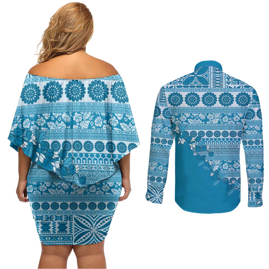 Fiji Marau na Kerisimasi Couples Matching Off Shoulder Short Dress and Long Sleeve Button Shirt Aqua Tagimoucia Tapa Masi Tribal - Polynesian Pride