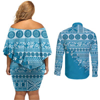Fiji Marau na Kerisimasi Couples Matching Off Shoulder Short Dress and Long Sleeve Button Shirt Aqua Tagimoucia Tapa Masi Tribal - Polynesian Pride