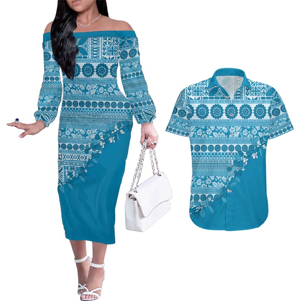 Fiji Marau na Kerisimasi Couples Matching Off The Shoulder Long Sleeve Dress and Hawaiian Shirt Aqua Tagimoucia Tapa Masi Tribal - Polynesian Pride