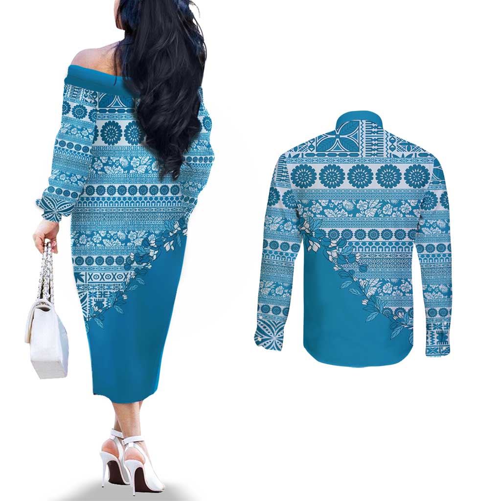 Fiji Marau na Kerisimasi Couples Matching Off The Shoulder Long Sleeve Dress and Long Sleeve Button Shirt Aqua Tagimoucia Tapa Masi Tribal - Polynesian Pride