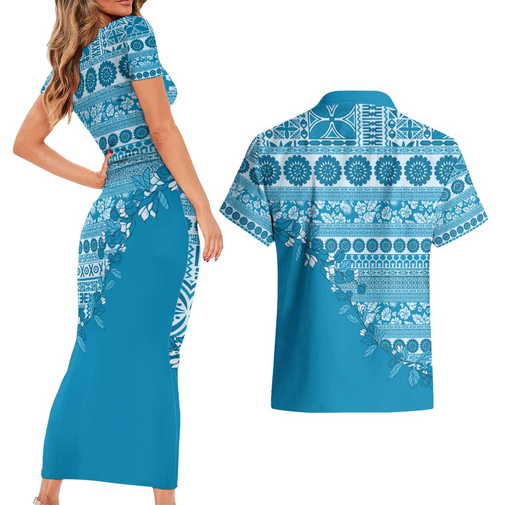 Fiji Marau na Kerisimasi Couples Matching Short Sleeve Bodycon Dress and Hawaiian Shirt Aqua Tagimoucia Tapa Masi Tribal - Polynesian Pride