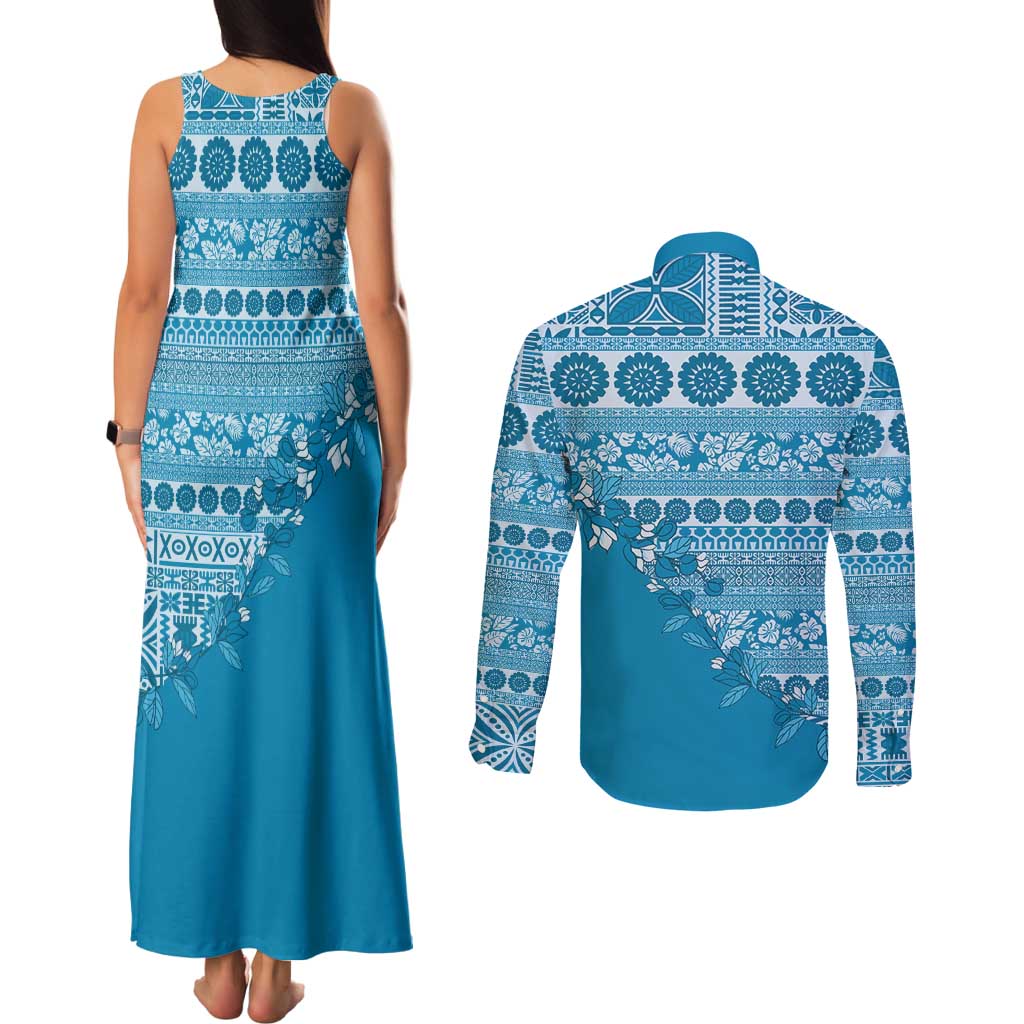 Fiji Marau na Kerisimasi Couples Matching Tank Maxi Dress and Long Sleeve Button Shirt Aqua Tagimoucia Tapa Masi Tribal - Polynesian Pride