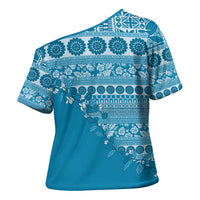 Fiji Marau na Kerisimasi Cross Shoulder Shirt Aqua Tagimoucia Tapa Masi Tribal - Polynesian Pride