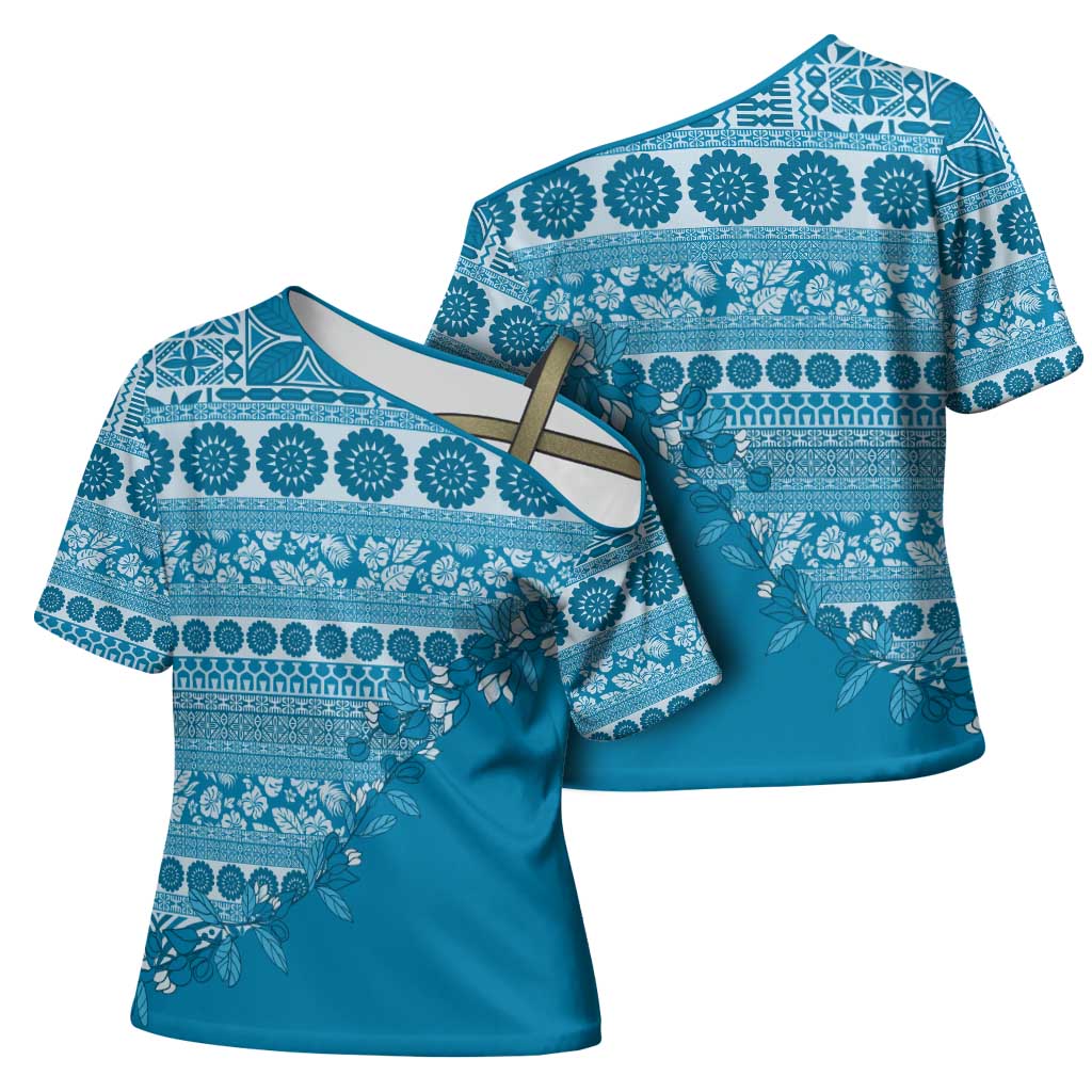 Fiji Marau na Kerisimasi Cross Shoulder Shirt Aqua Tagimoucia Tapa Masi Tribal - Polynesian Pride