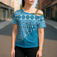 Fiji Marau na Kerisimasi Cross Shoulder Shirt Aqua Tagimoucia Tapa Masi Tribal - Polynesian Pride