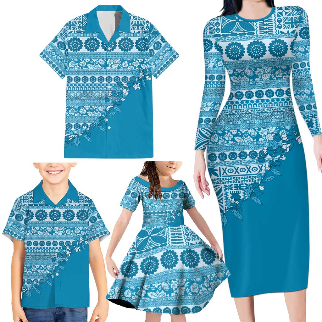 Fiji Marau na Kerisimasi Family Matching Long Sleeve Bodycon Dress and Hawaiian Shirt Aqua Tagimoucia Tapa Masi Tribal - Polynesian Pride