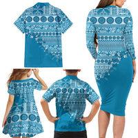 Fiji Marau na Kerisimasi Family Matching Long Sleeve Bodycon Dress and Hawaiian Shirt Aqua Tagimoucia Tapa Masi Tribal - Polynesian Pride