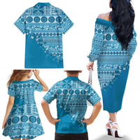 Fiji Marau na Kerisimasi Family Matching Off The Shoulder Long Sleeve Dress and Hawaiian Shirt Aqua Tagimoucia Tapa Masi Tribal - Polynesian Pride