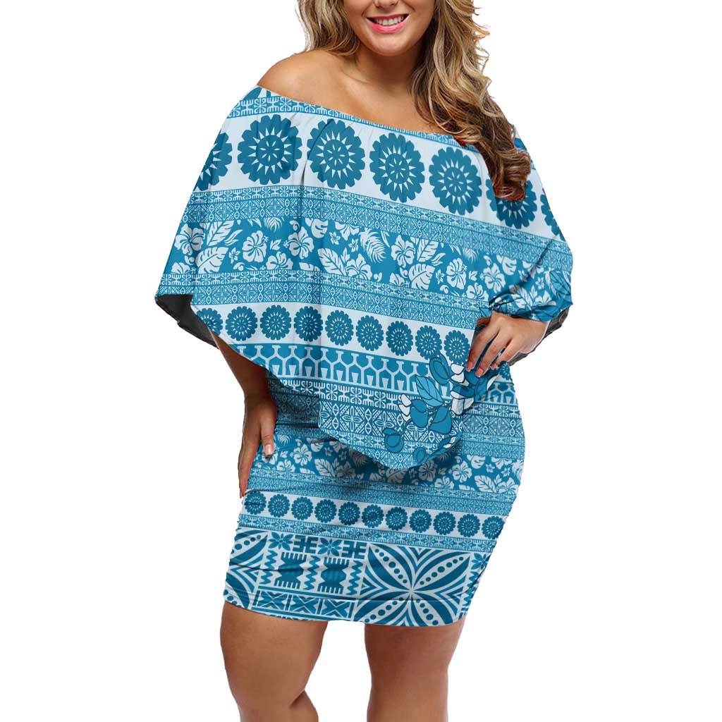 Fiji Marau na Kerisimasi Family Matching Off Shoulder Short Dress and Hawaiian Shirt Aqua Tagimoucia Tapa Masi Tribal - Polynesian Pride