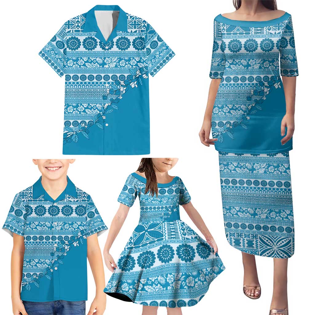 Fiji Marau na Kerisimasi Family Matching Puletasi and Hawaiian Shirt Aqua Tagimoucia Tapa Masi Tribal - Polynesian Pride