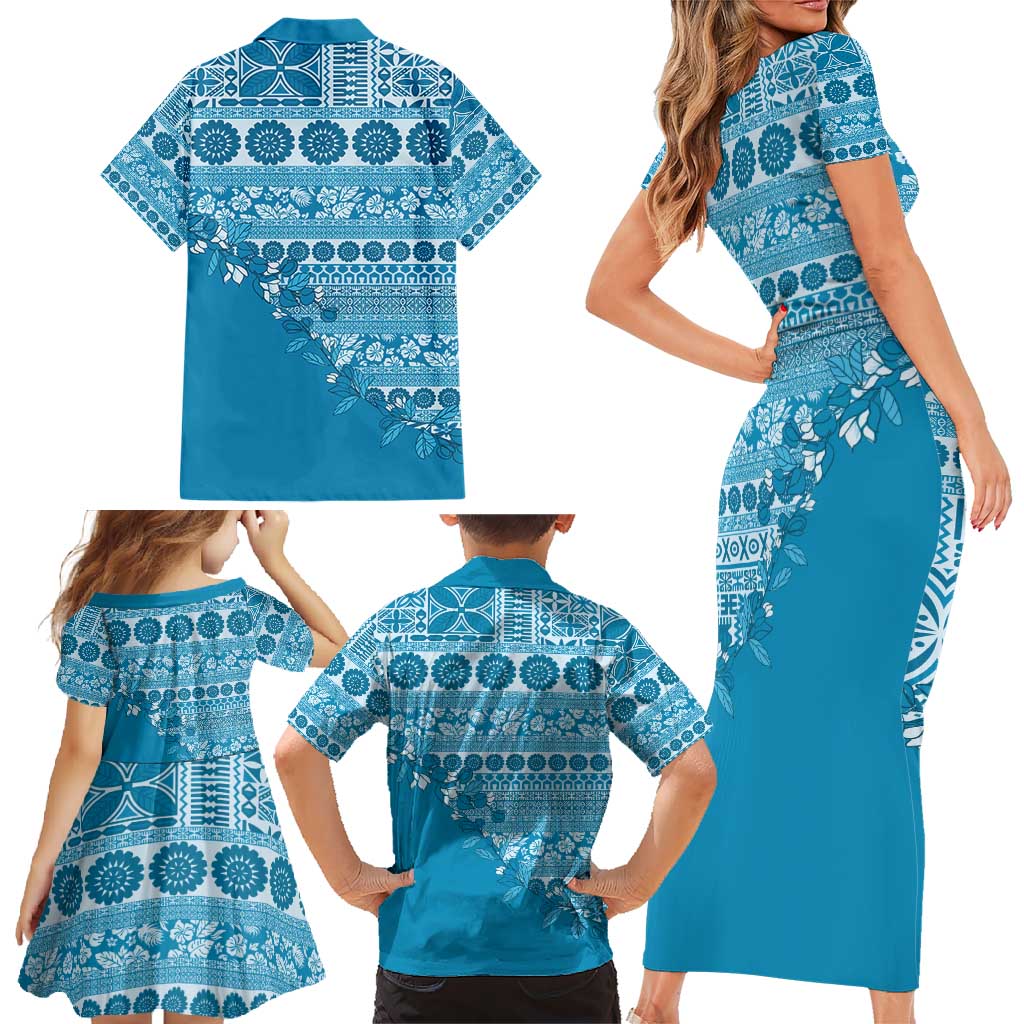 Fiji Marau na Kerisimasi Family Matching Short Sleeve Bodycon Dress and Hawaiian Shirt Aqua Tagimoucia Tapa Masi Tribal - Polynesian Pride
