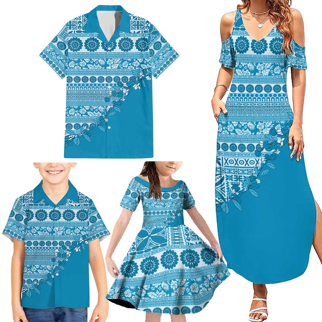 Fiji Marau na Kerisimasi Family Matching Summer Maxi Dress and Hawaiian Shirt Aqua Tagimoucia Tapa Masi Tribal - Polynesian Pride