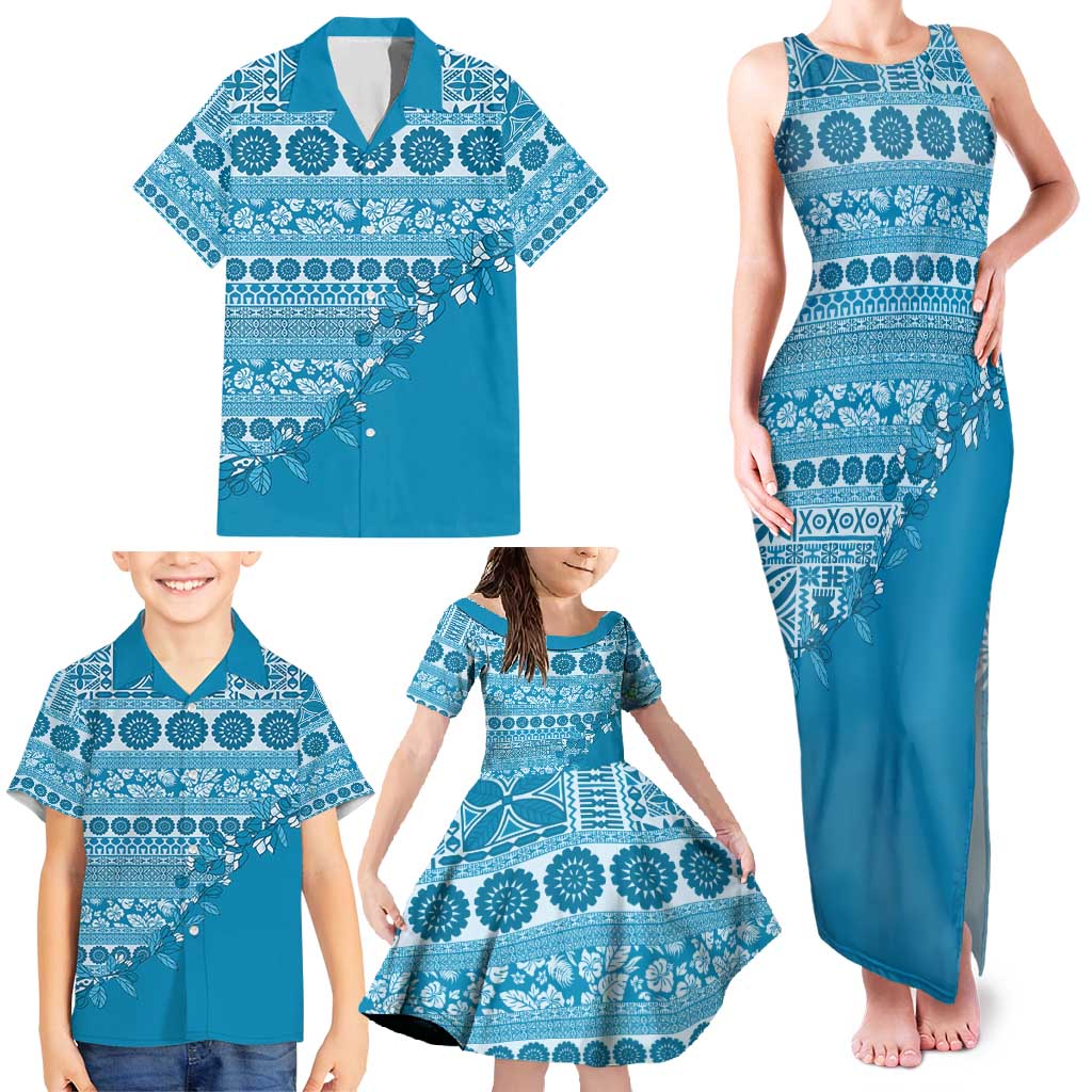Fiji Marau na Kerisimasi Family Matching Tank Maxi Dress and Hawaiian Shirt Aqua Tagimoucia Tapa Masi Tribal - Polynesian Pride