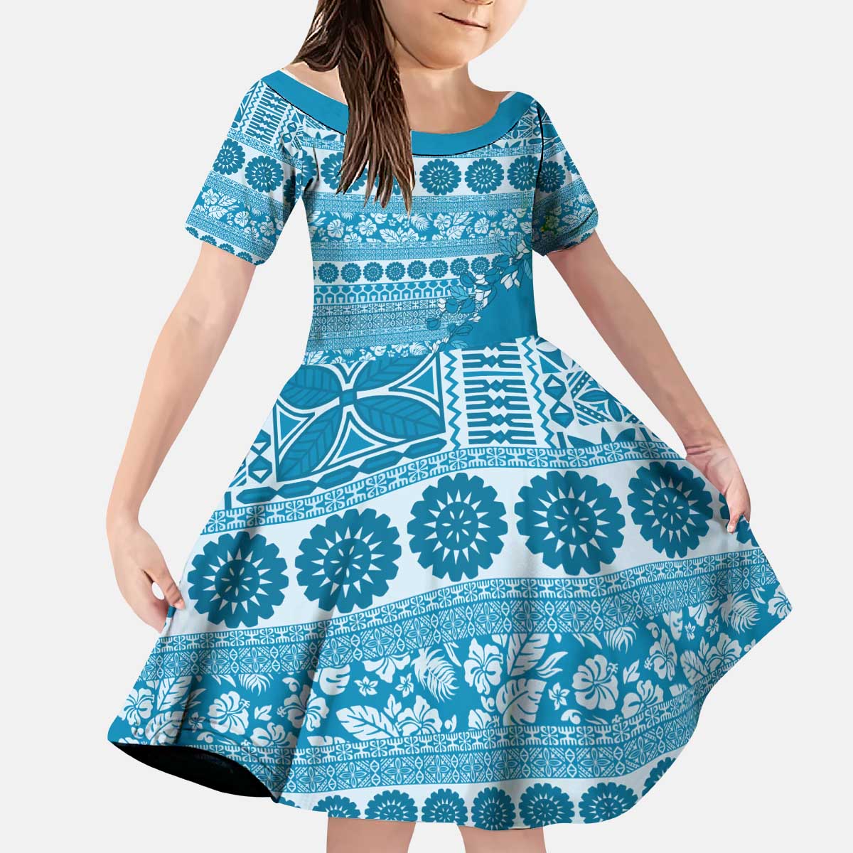 Fiji Marau na Kerisimasi Kid Short Sleeve Dress Aqua Tagimoucia Tapa Masi Tribal - Polynesian Pride