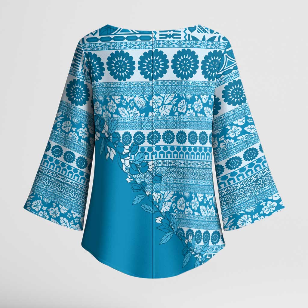 Fiji Marau na Kerisimasi Kimono Sleeve Blouse Aqua Tagimoucia Tapa Masi Tribal - Polynesian Pride