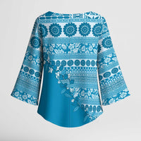 Fiji Marau na Kerisimasi Kimono Sleeve Blouse Aqua Tagimoucia Tapa Masi Tribal - Polynesian Pride
