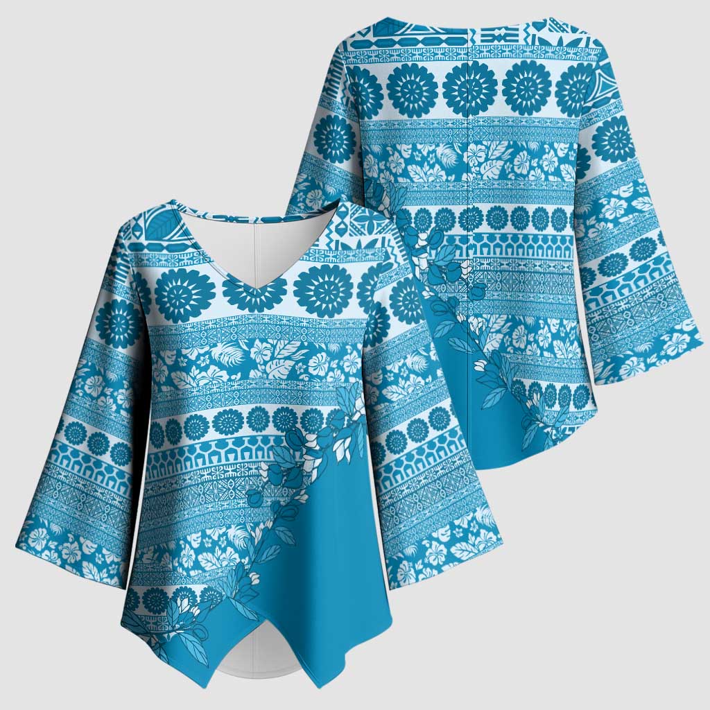 Fiji Marau na Kerisimasi Kimono Sleeve Blouse Aqua Tagimoucia Tapa Masi Tribal - Polynesian Pride