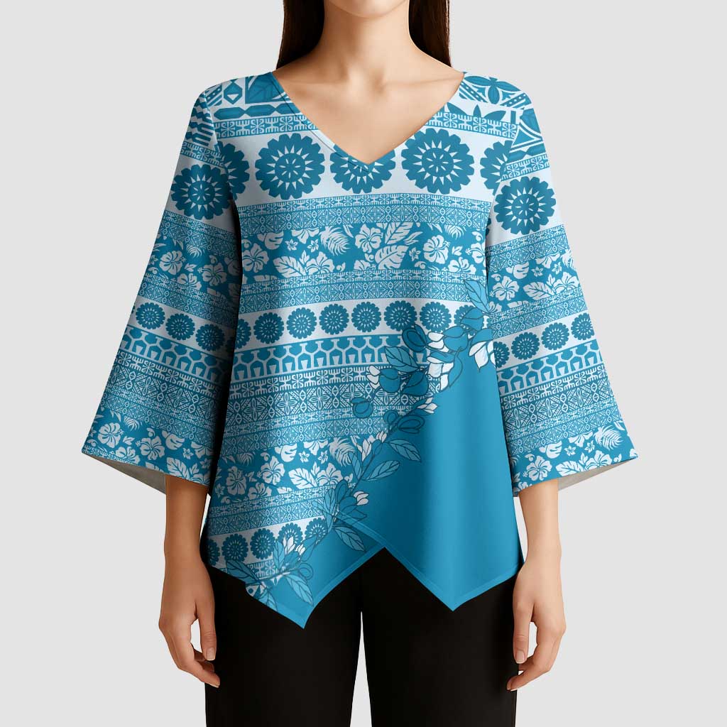 Fiji Marau na Kerisimasi Kimono Sleeve Blouse Aqua Tagimoucia Tapa Masi Tribal - Polynesian Pride