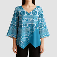 Fiji Marau na Kerisimasi Kimono Sleeve Blouse Aqua Tagimoucia Tapa Masi Tribal - Polynesian Pride