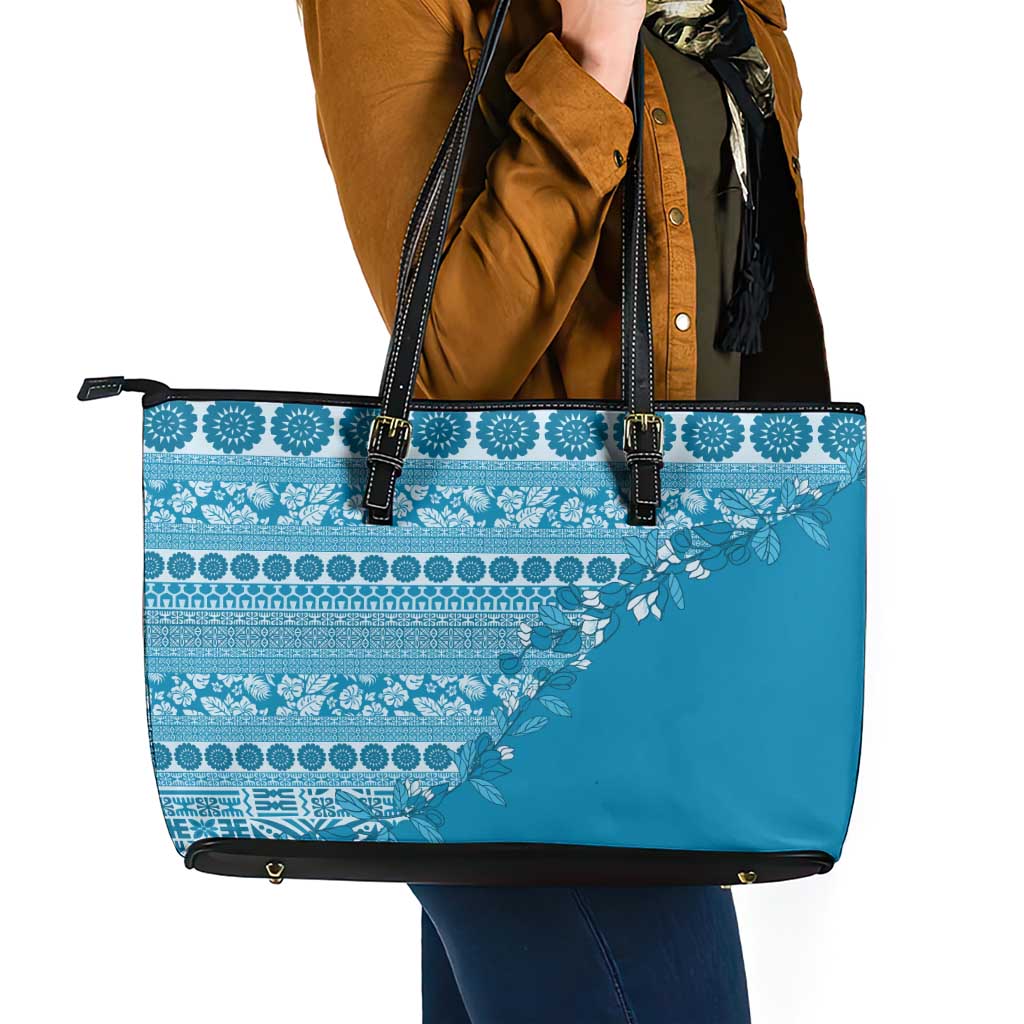 Fiji Marau na Kerisimasi Leather Tote Bag Aqua Tagimoucia Tapa Masi Tribal - Polynesian Pride