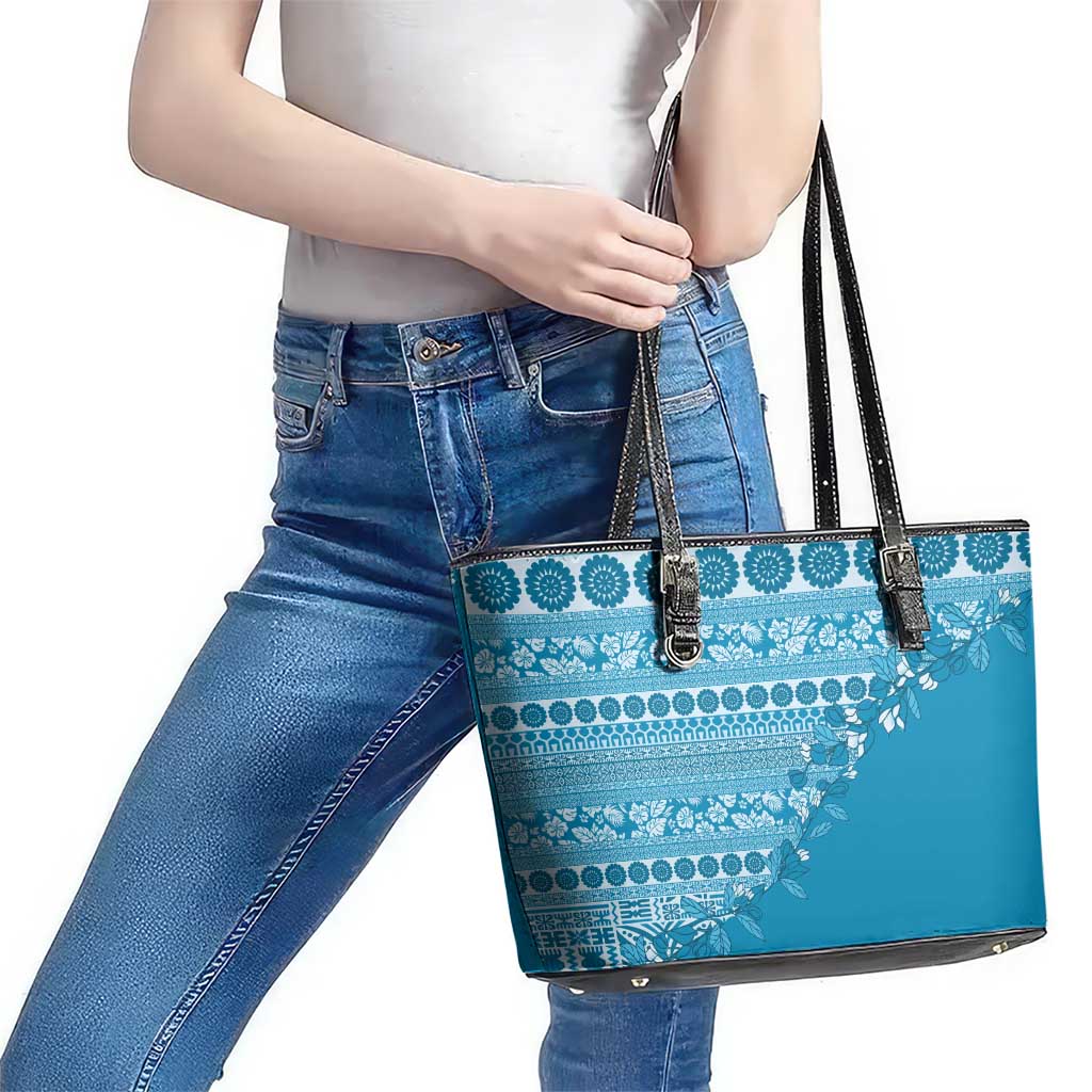 Fiji Marau na Kerisimasi Leather Tote Bag Aqua Tagimoucia Tapa Masi Tribal - Polynesian Pride