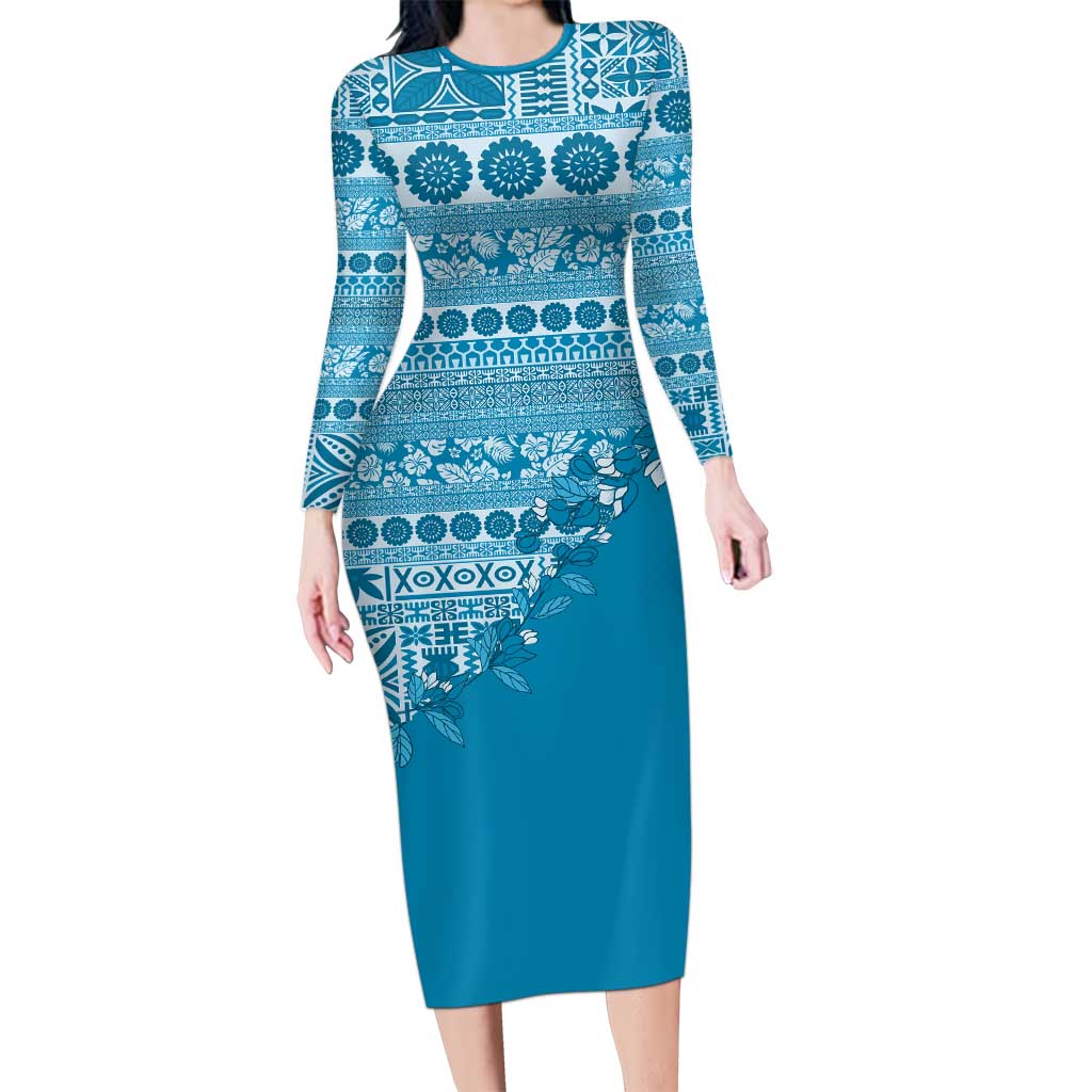 Fiji Marau na Kerisimasi Long Sleeve Bodycon Dress Aqua Tagimoucia Tapa Masi Tribal - Polynesian Pride