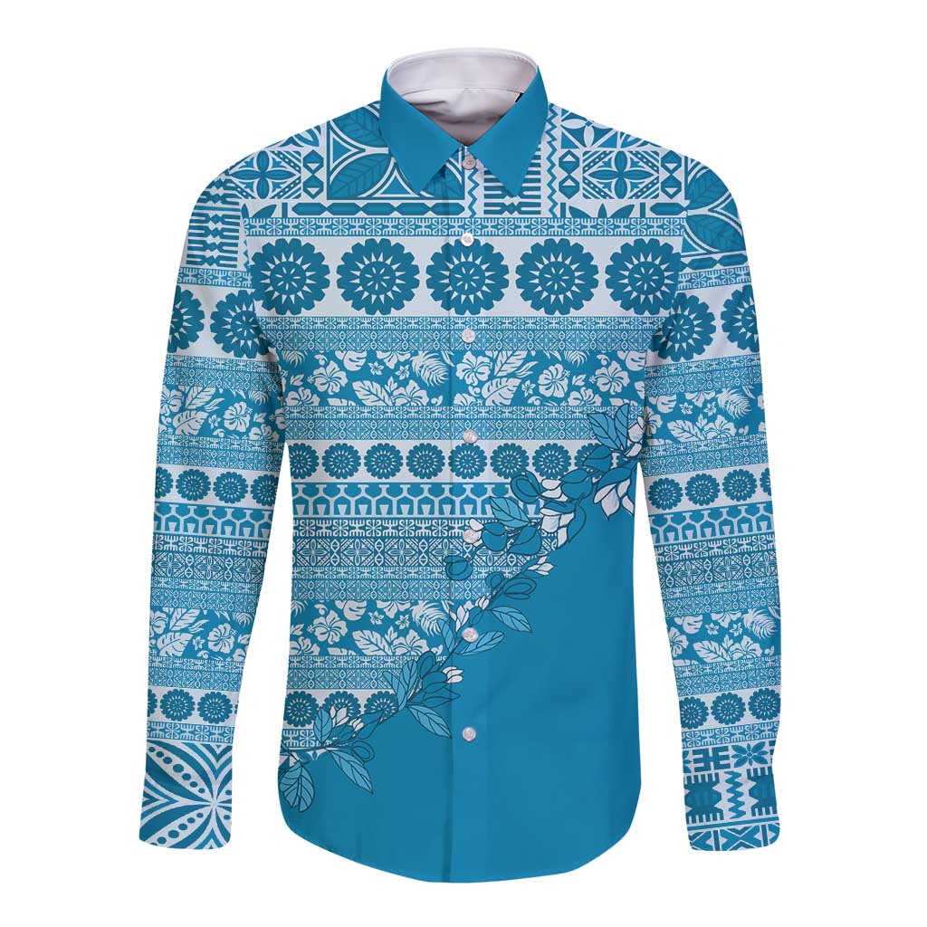 Fiji Marau na Kerisimasi Long Sleeve Button Shirt Aqua Tagimoucia Tapa Masi Tribal - Polynesian Pride