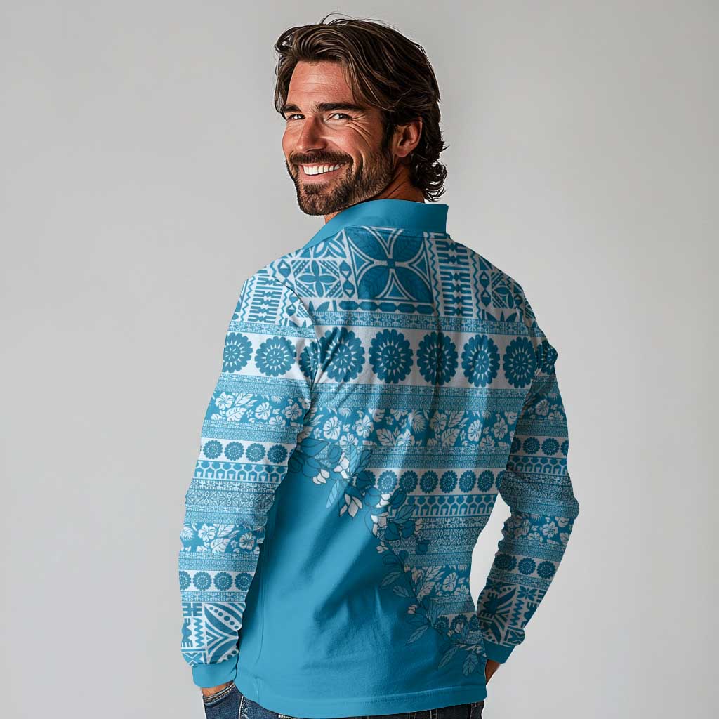 Fiji Marau na Kerisimasi Long Sleeve Polo Shirt Aqua Tagimoucia Tapa Masi Tribal - Polynesian Pride