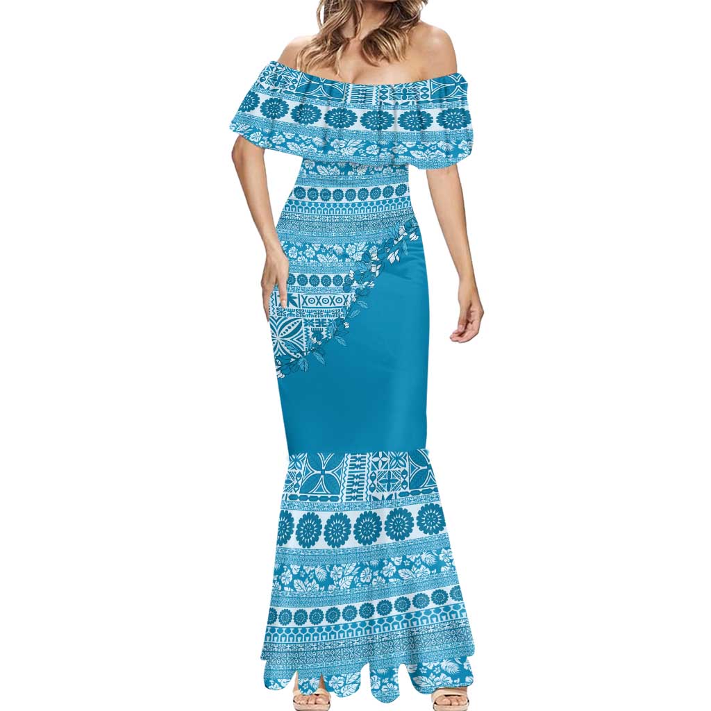 Fiji Marau na Kerisimasi Mermaid Dress Aqua Tagimoucia Tapa Masi Tribal - Polynesian Pride