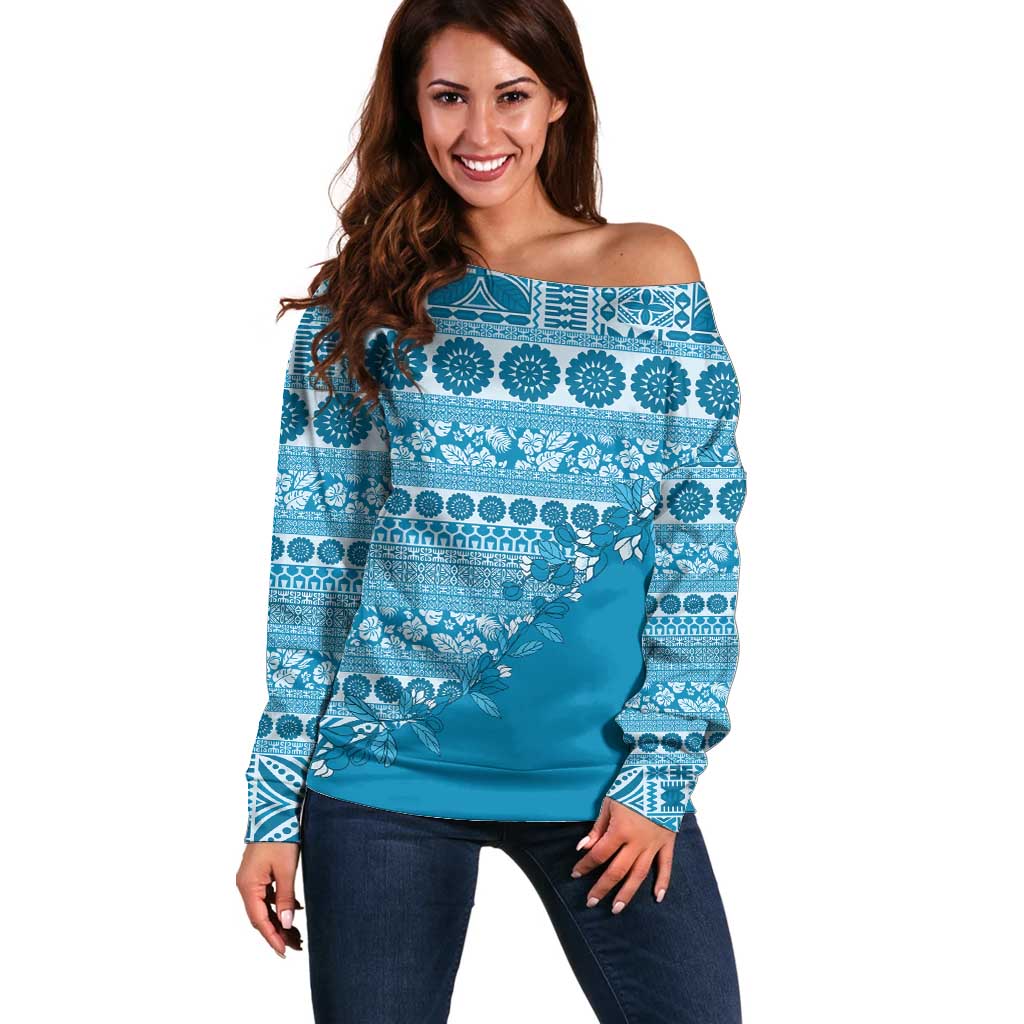 Fiji Marau na Kerisimasi Off Shoulder Sweater Aqua Tagimoucia Tapa Masi Tribal - Polynesian Pride
