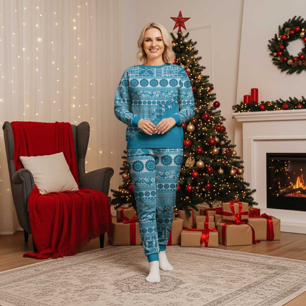 Fiji Marau na Kerisimasi Christmas Pajama Set Aqua Tagimoucia Tapa Masi Tribal - Polynesian Pride