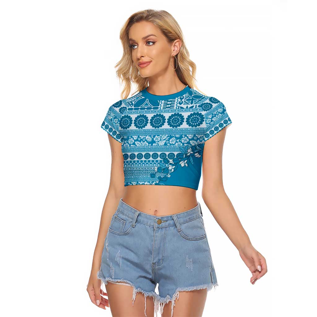 Fiji Marau na Kerisimasi Raglan Cropped T Shirt Aqua Tagimoucia Tapa Masi Tribal - Polynesian Pride
