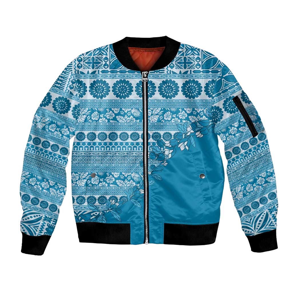 Fiji Marau na Kerisimasi Sleeve Zip Bomber Jacket Aqua Tagimoucia Tapa Masi Tribal - Polynesian Pride
