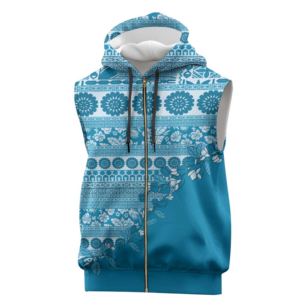 Fiji Marau na Kerisimasi Sleeveless Zip Hoodie Aqua Tagimoucia Tapa Masi Tribal - Polynesian Pride
