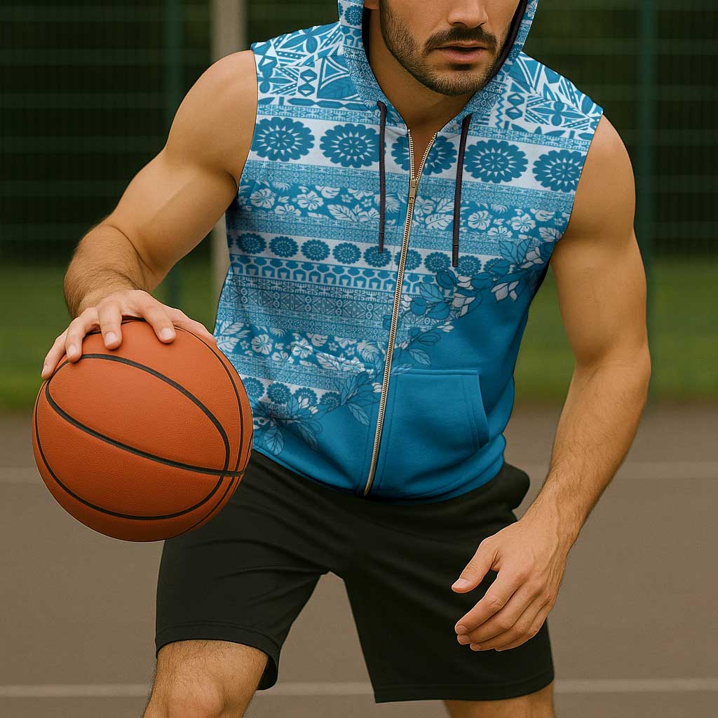 Fiji Marau na Kerisimasi Sleeveless Zip Hoodie Aqua Tagimoucia Tapa Masi Tribal - Polynesian Pride