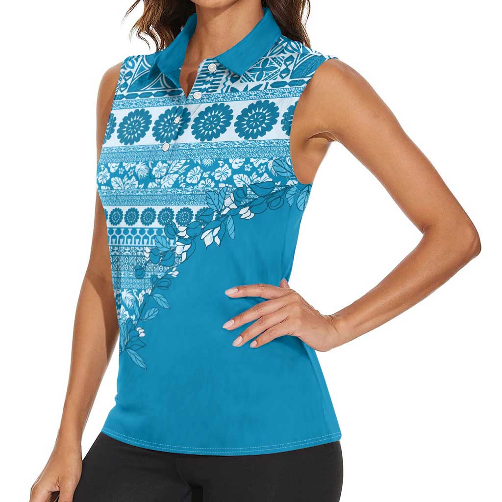 Fiji Marau na Kerisimasi Women Sleeveless Polo Shirt Aqua Tagimoucia Tapa Masi Tribal - Polynesian Pride