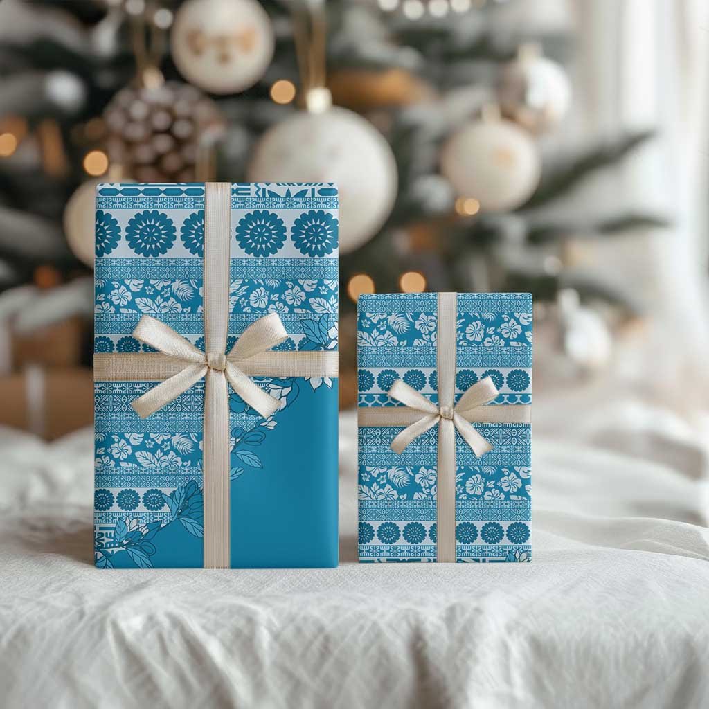 Fiji Marau na Kerisimasi Wrapping Paper Aqua Tagimoucia Tapa Masi Tribal - Polynesian Pride