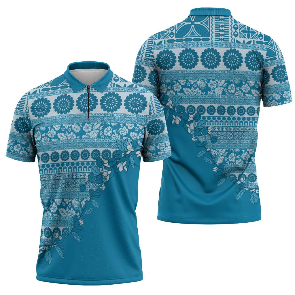 Fiji Marau na Kerisimasi Zipper Polo Shirt Aqua Tagimoucia Tapa Masi Tribal - Polynesian Pride