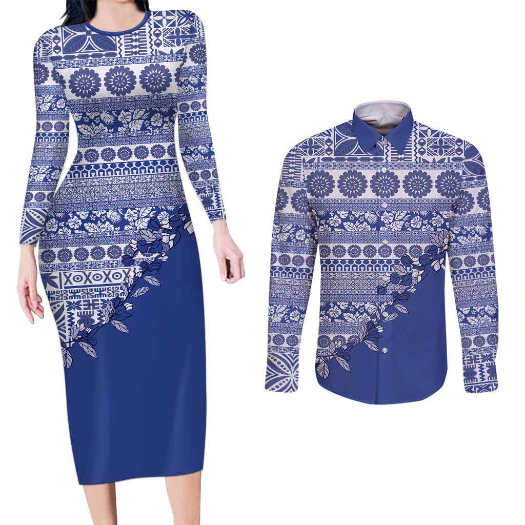 Fiji Marau na Kerisimasi Couples Matching Long Sleeve Bodycon Dress and Long Sleeve Button Shirt Blue Tagimoucia Tapa Masi Tribal - Polynesian Pride