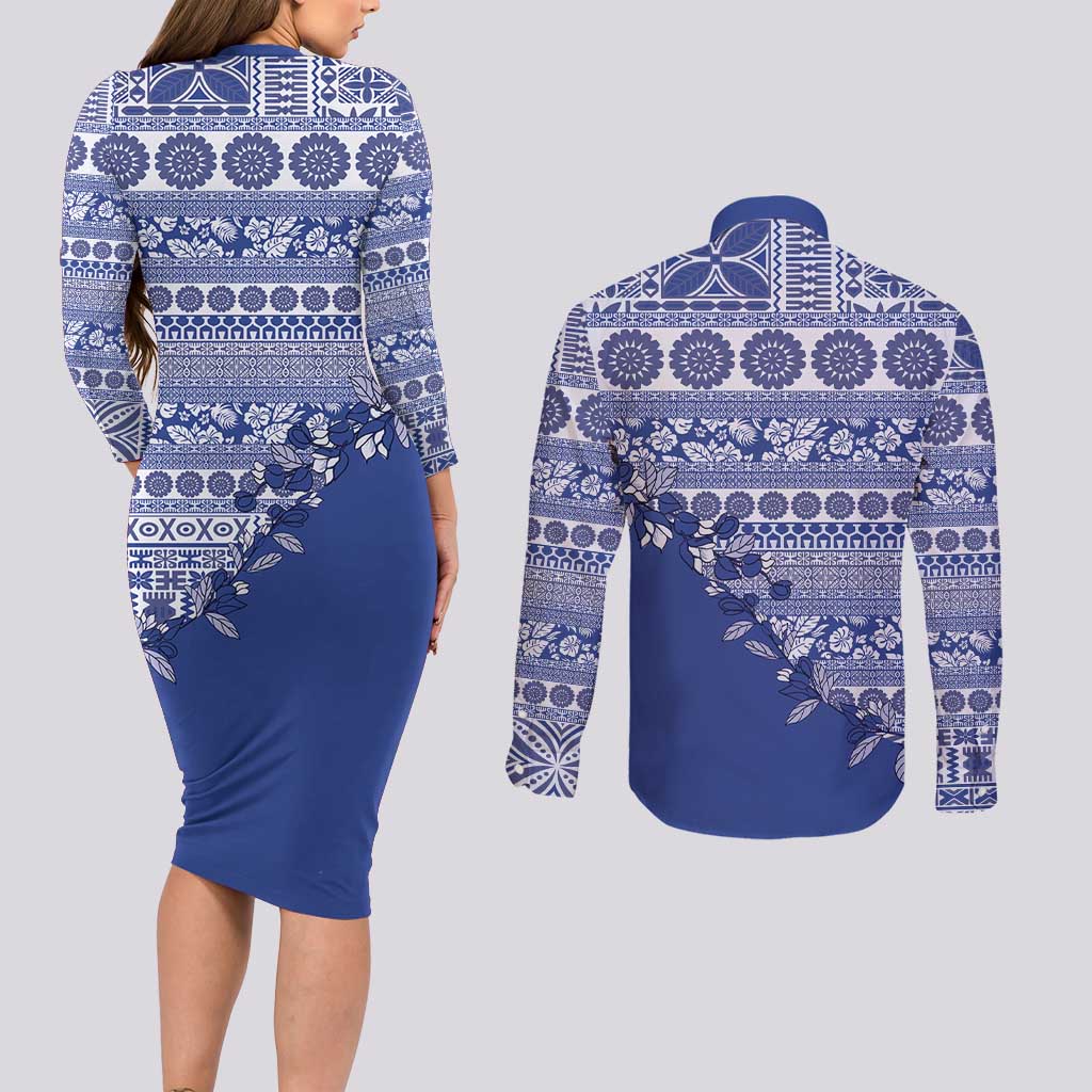 Fiji Marau na Kerisimasi Couples Matching Long Sleeve Bodycon Dress and Long Sleeve Button Shirt Blue Tagimoucia Tapa Masi Tribal - Polynesian Pride