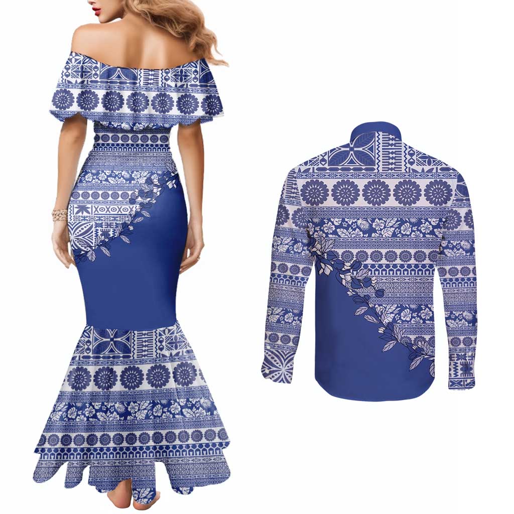 Fiji Marau na Kerisimasi Couples Matching Mermaid Dress and Long Sleeve Button Shirt Blue Tagimoucia Tapa Masi Tribal - Polynesian Pride