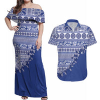 Fiji Marau na Kerisimasi Couples Matching Off Shoulder Maxi Dress and Hawaiian Shirt Blue Tagimoucia Tapa Masi Tribal - Polynesian Pride