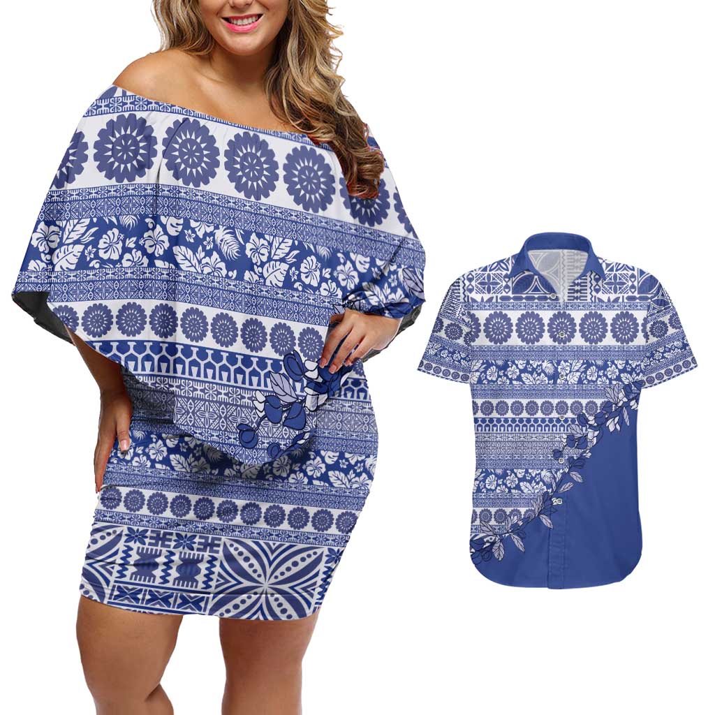 Fiji Marau na Kerisimasi Couples Matching Off Shoulder Short Dress and Hawaiian Shirt Blue Tagimoucia Tapa Masi Tribal - Polynesian Pride