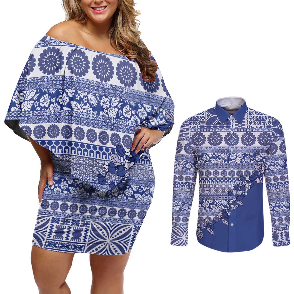Fiji Marau na Kerisimasi Couples Matching Off Shoulder Short Dress and Long Sleeve Button Shirt Blue Tagimoucia Tapa Masi Tribal - Polynesian Pride