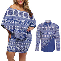 Fiji Marau na Kerisimasi Couples Matching Off Shoulder Short Dress and Long Sleeve Button Shirt Blue Tagimoucia Tapa Masi Tribal - Polynesian Pride