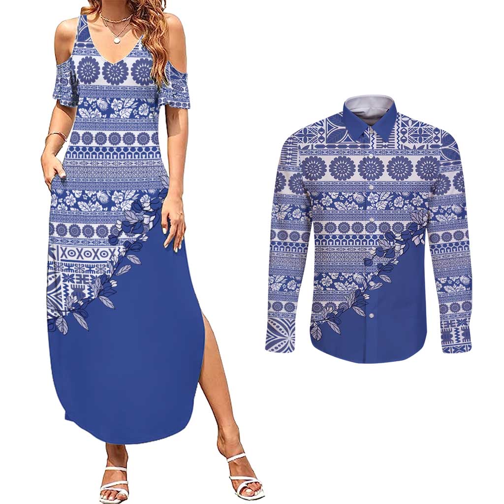 Fiji Marau na Kerisimasi Couples Matching Summer Maxi Dress and Long Sleeve Button Shirt Blue Tagimoucia Tapa Masi Tribal - Polynesian Pride